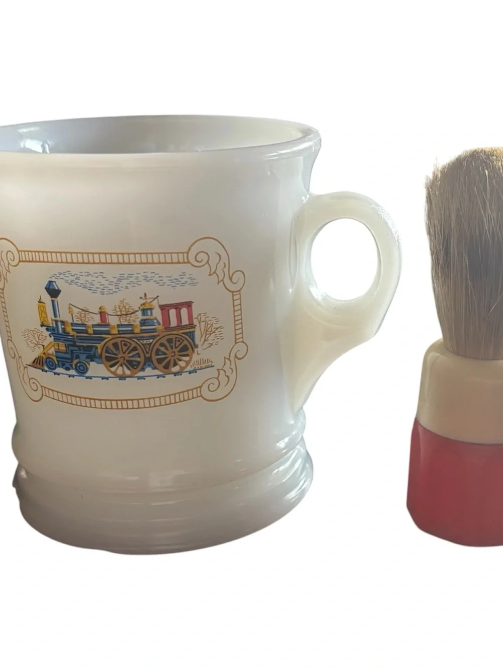 Avon White Ceramic Mug with Blue, Gold and Red Train Motif